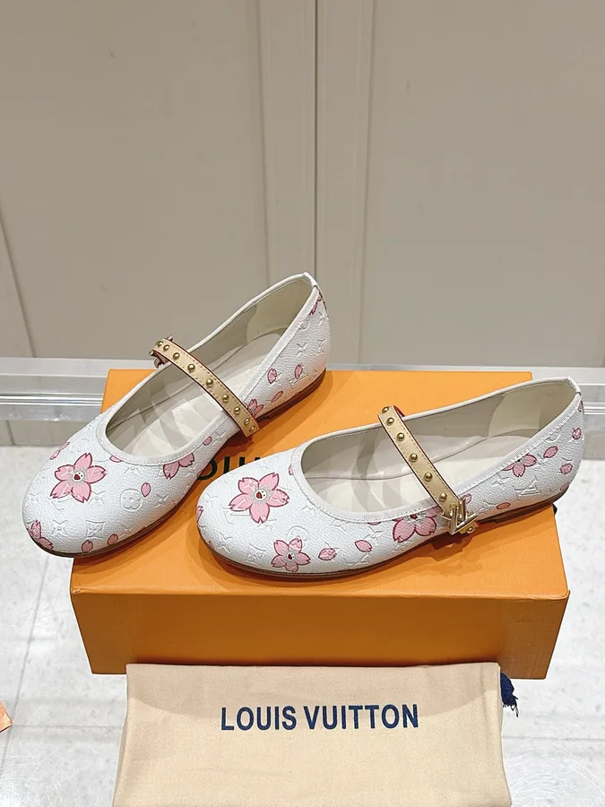 LV Women White Leather Pink Floral Mary Janes