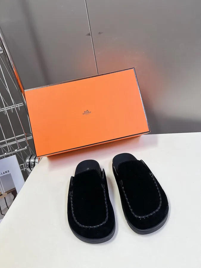 Hermes Women Black Suede Slippers