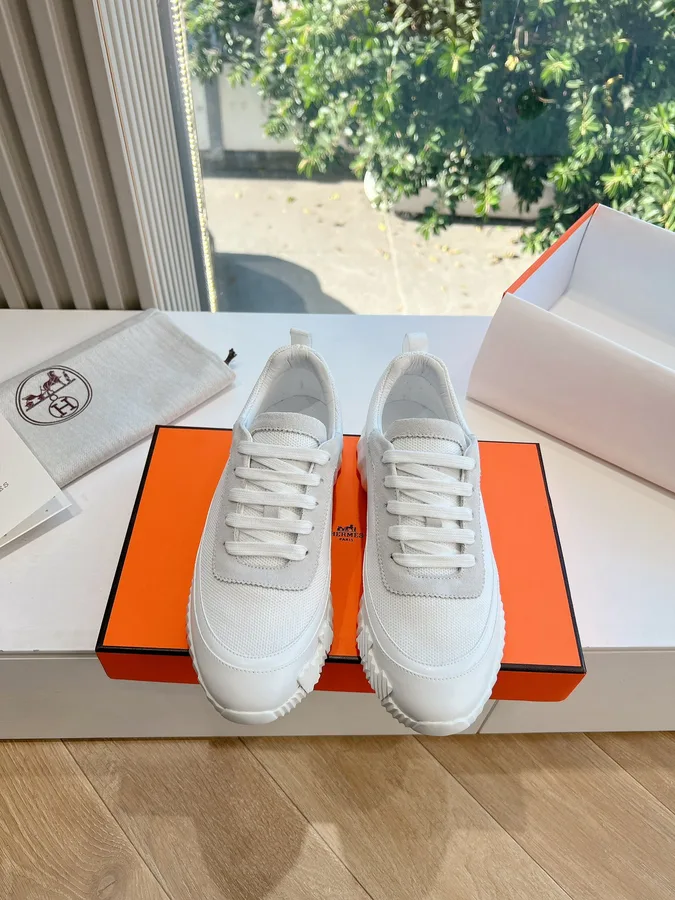 Hermes Women White Mesh And Leather Sneakers