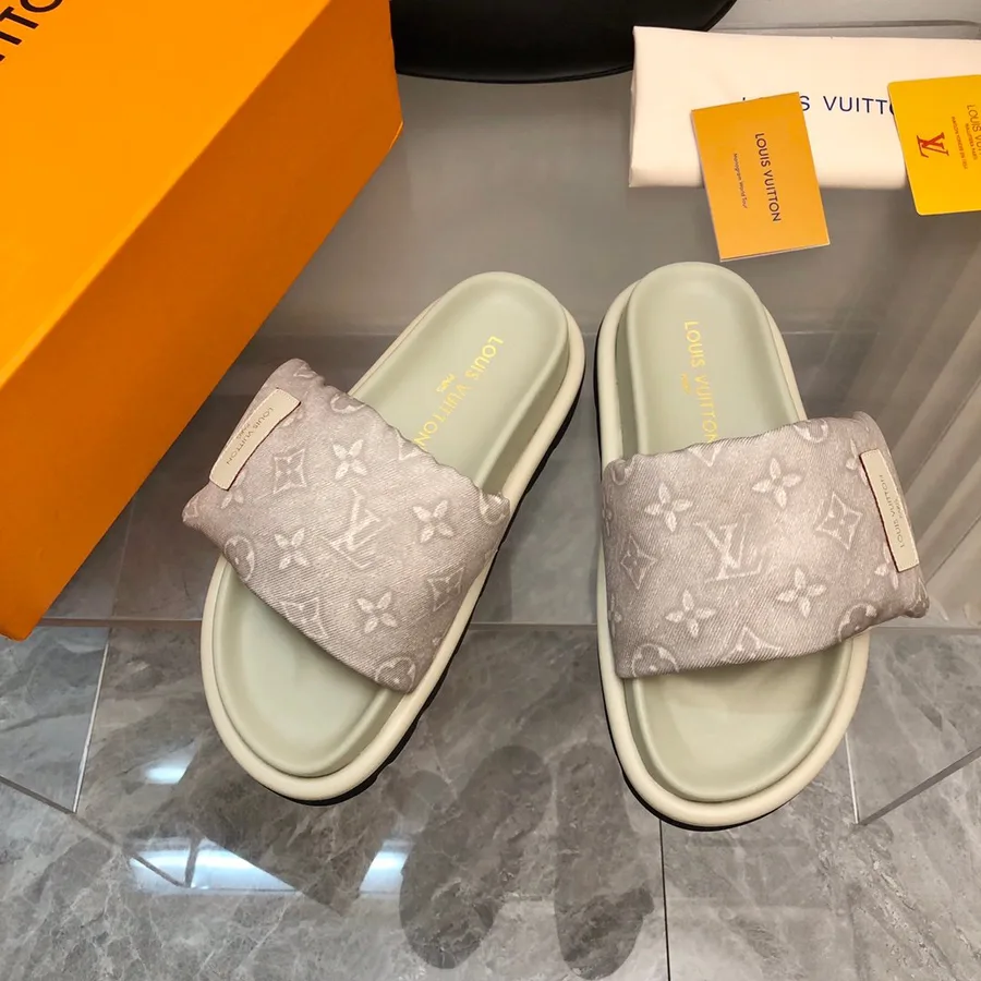 LV Women Light Gray Fabric Slides Sandals