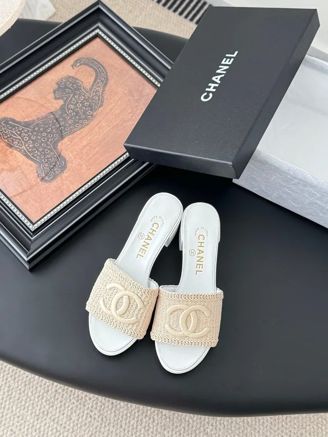 Chanel Women Beige Woven Fabric Slides