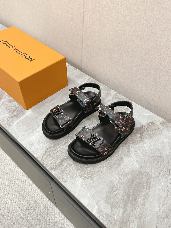 LV Women Black Multi Leather Strap Sandals