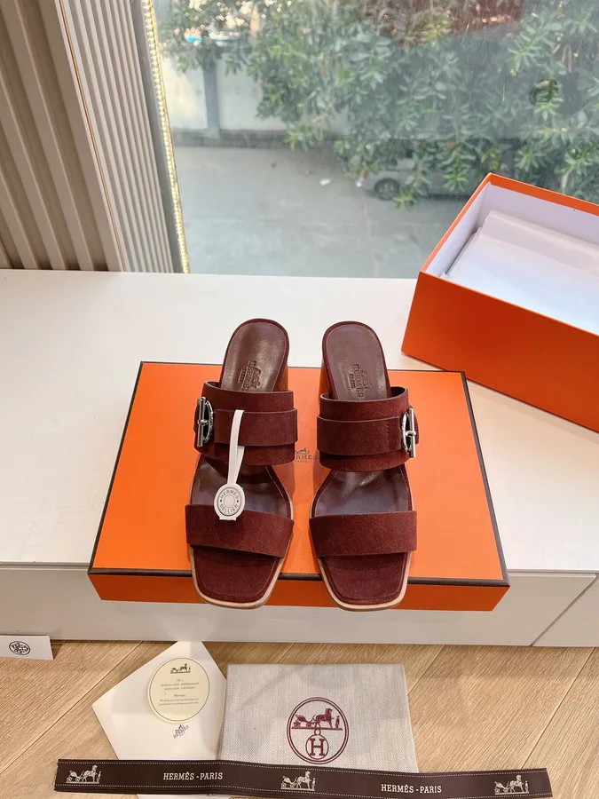 Hermes Women Brown Suede Leather Mules