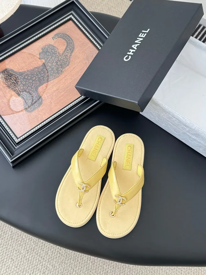Chanel Women Yellow Leather Flip Flops Sandals