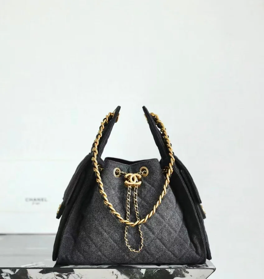 Chanel 25cm Black Denim Bag with Gold Hardware