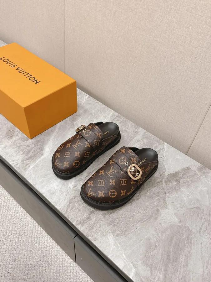 LV Women Brown Leather Monogram Mules