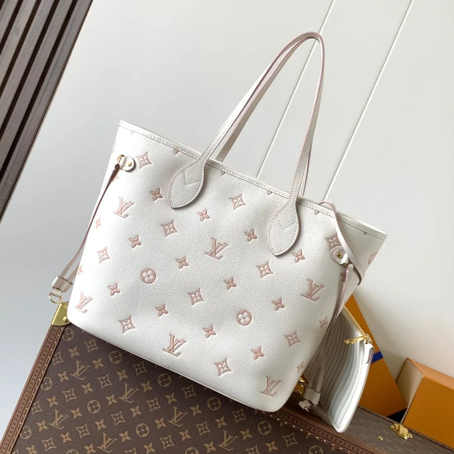 LV Neverfull MM Tote Bag 32 in White Mix Pink Calfskin