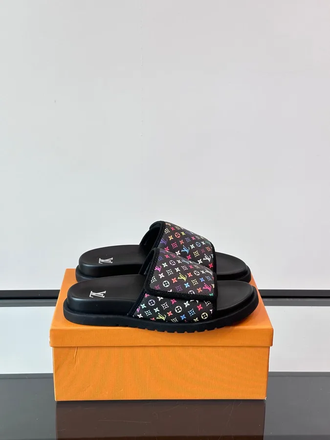 LV Men Black Canvas Multicolor Print Slides