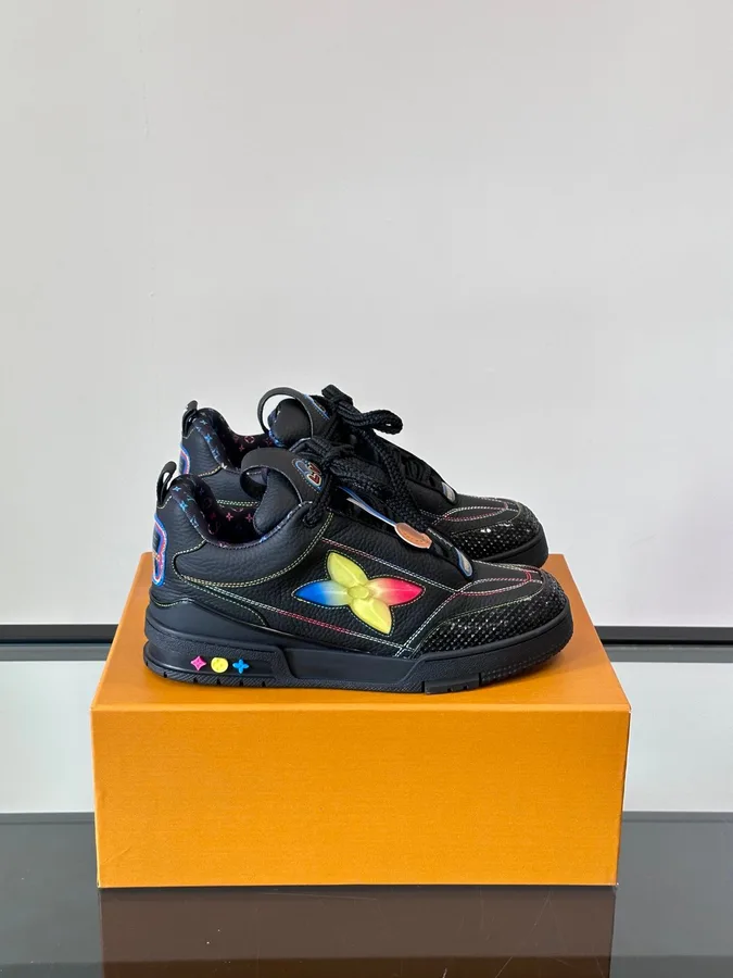 LV Men Black Leather Colorful Accent Sneakers