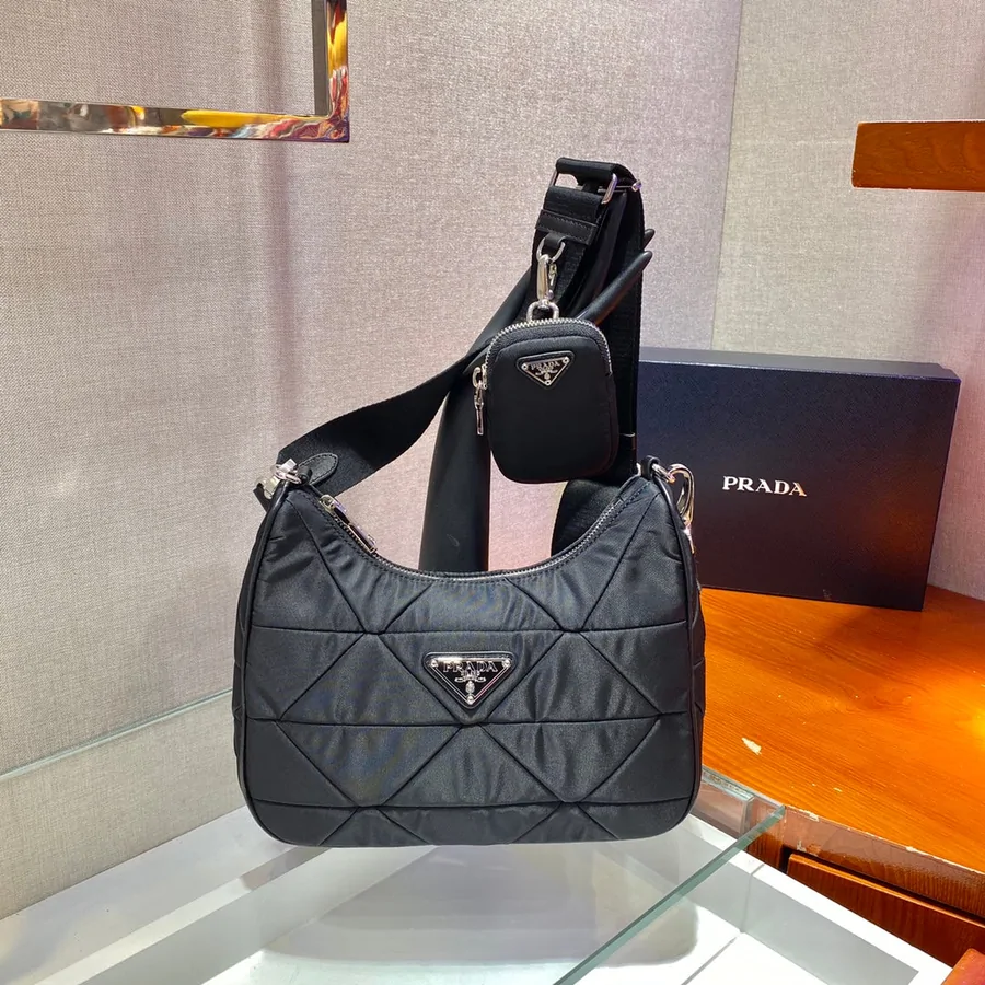 Hobo Bag 24 in Black Triangular Quilted Pattern Re-nylon
