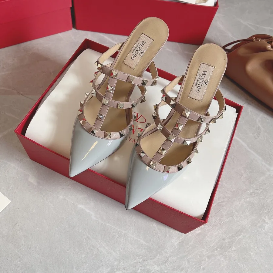 Valentino Women Light Blue Patent Leather Studded Mules