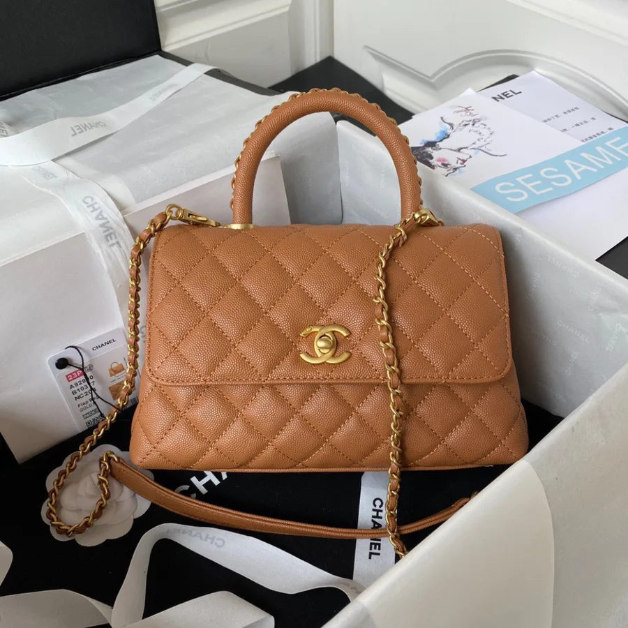 Chanel Coco Brown Leather With Lock Gold Handbags 24cm