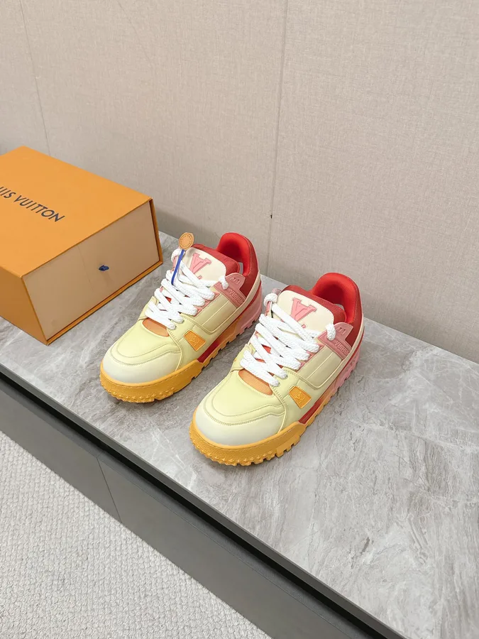 LV Women Yellow Leather Orange Accent Sneakers