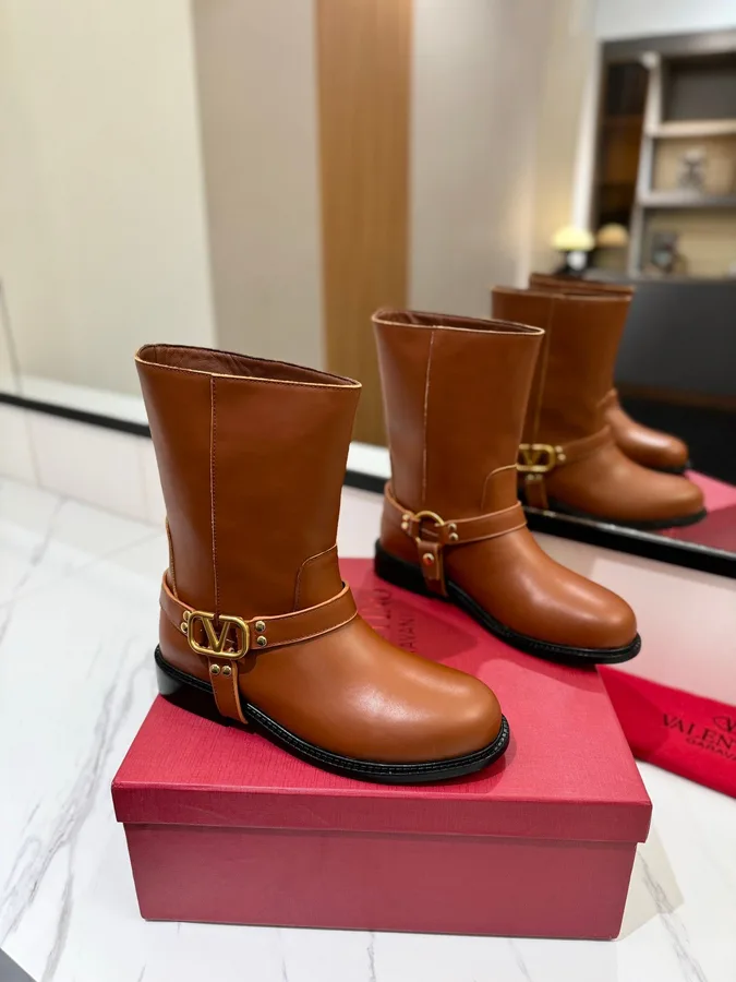 Valentino Women Brown Leather Mid-Calf Boots