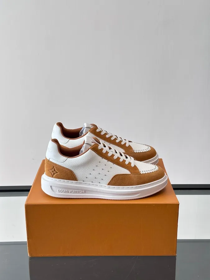 LV Men White Brown Suede Leather Sneakers