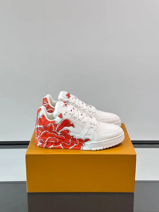 LV Men White Leather Sneakers With Red Floral Design