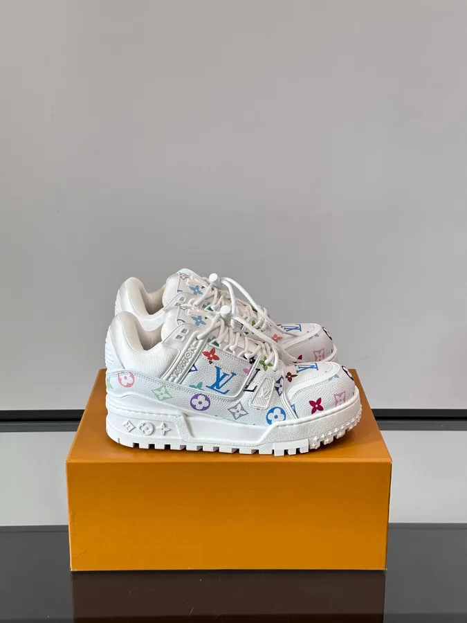 LV Men White Leather Multicolor Pattern Sneakers