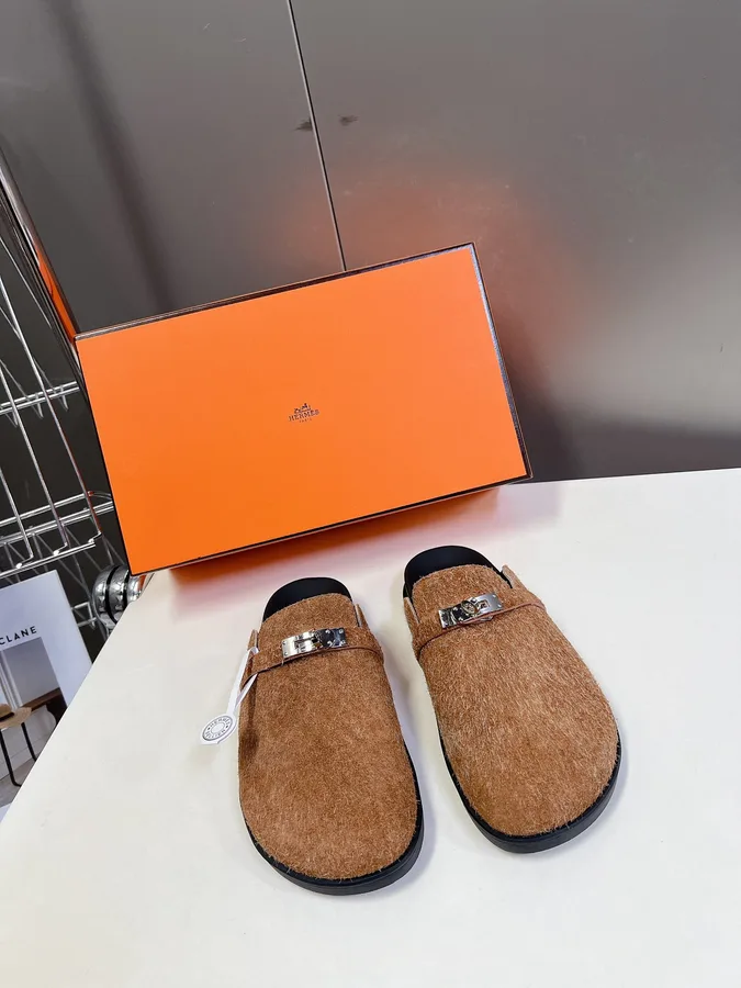 Hermes Women Brown Haircalf Leather Slippers