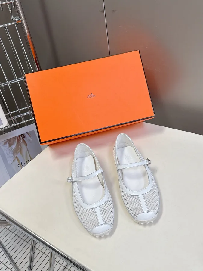 Hermes Women White Mesh Leather Mary Jane Flats