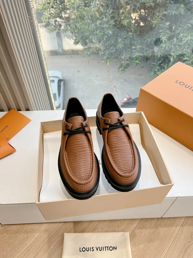 LV Women Brown Textured Leather Loafers