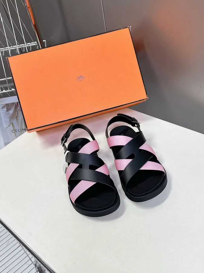 Hermes Women Black Pink Leather Strappy Sandals