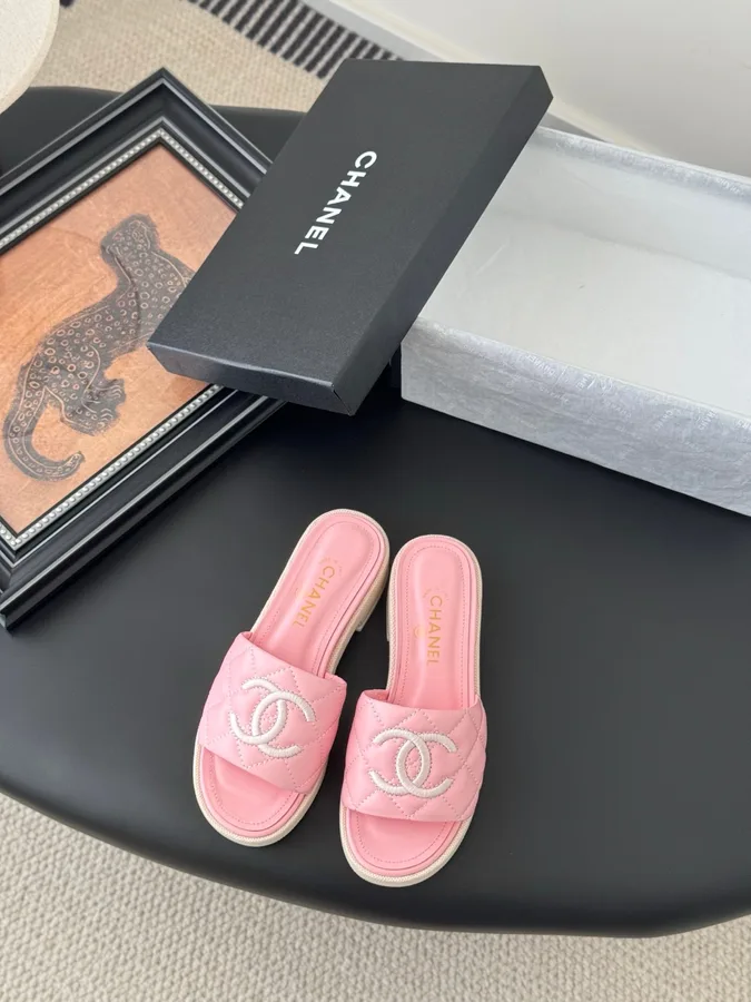 Chanel Women Pink Quilted Leather Slides