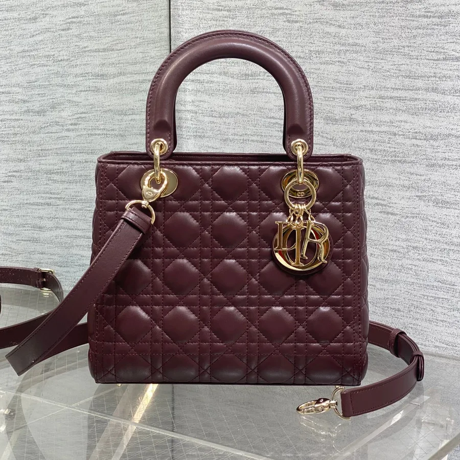 Dior Medium Lady Bag 24 in Burgundy Gold Hardware