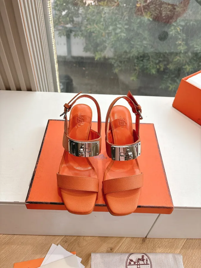 Hermes Women Orange Leather Sandals