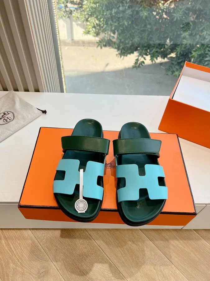 Hermes Women Green Leather Blue Sandals