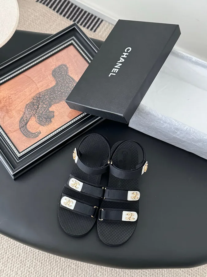 Chanel Women Black Fabric Logo Strap Sandals
