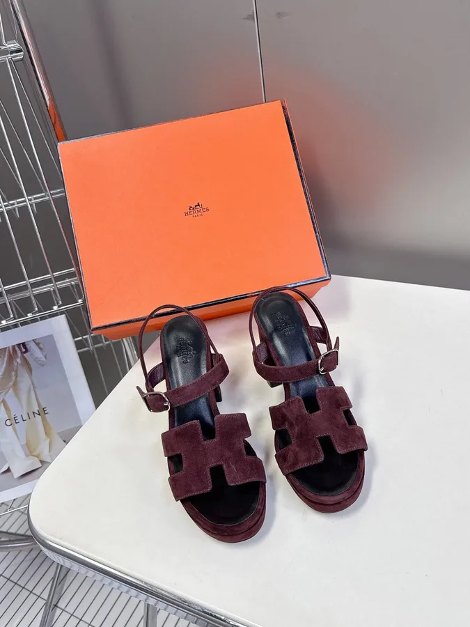 Hermes Women Burgundy Suede Heels