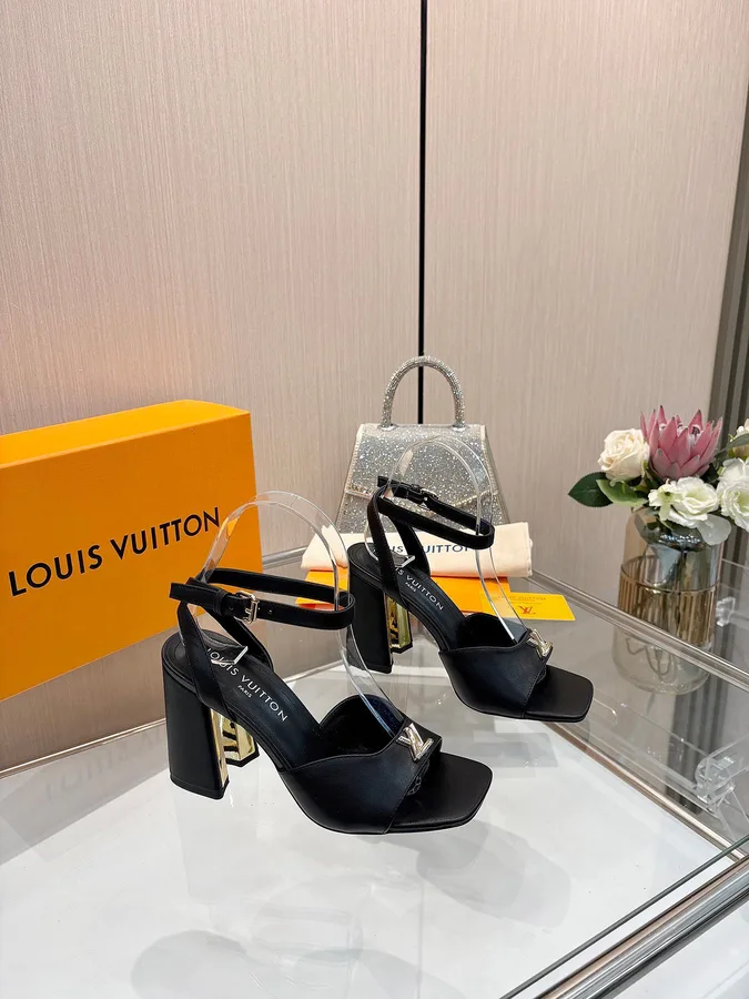 LV Women Black Leather Heels