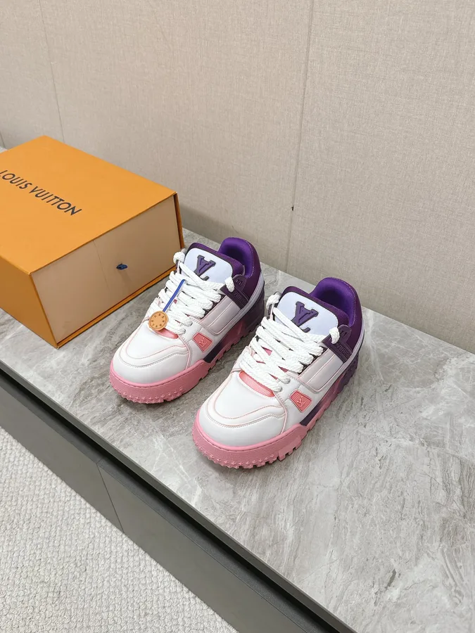 LV Women White Pink Purple Leather Sneakers