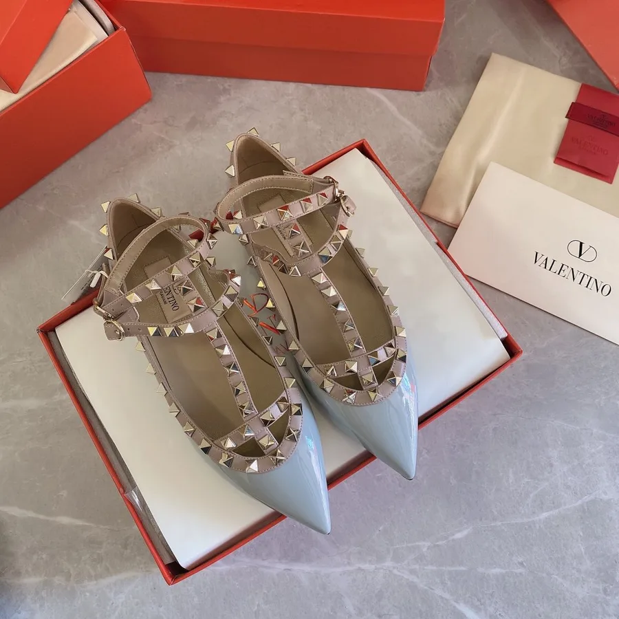 Valentino Women Blue Patent Leather Studded Flats