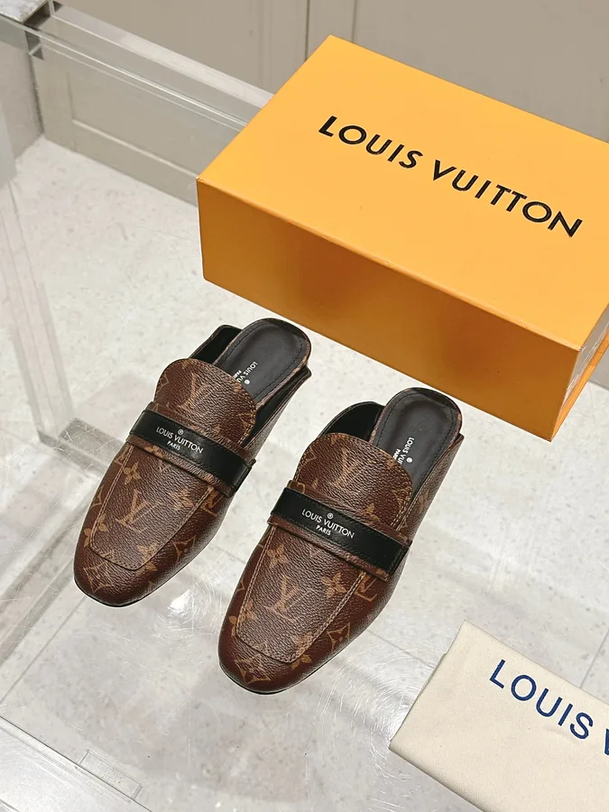 LV Women Brown Leather Monogram Mules