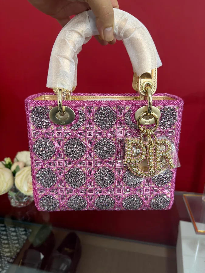 LADY DIOR BAG Metallic Calfskin & Satin with Rose Des Vent