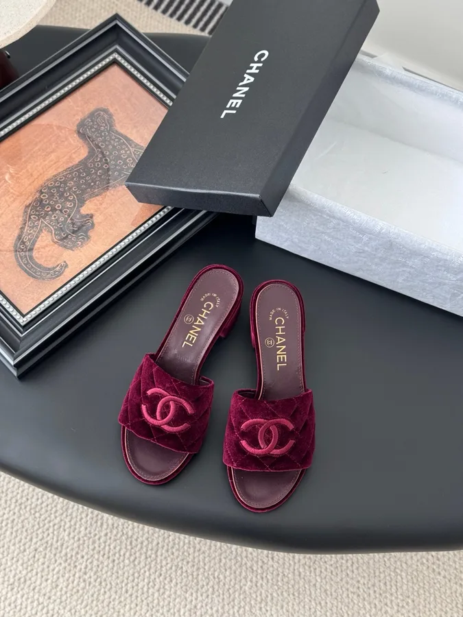 Chanel Women Burgundy Velvet Slide Sandals