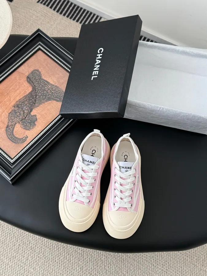 Chanel Women Pink Canvas White Rubber Sneakers