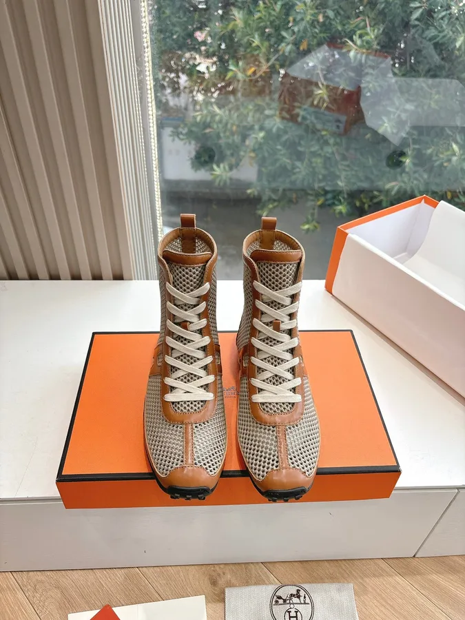 Hermes Women Beige Mesh And Brown Leather Sneakers
