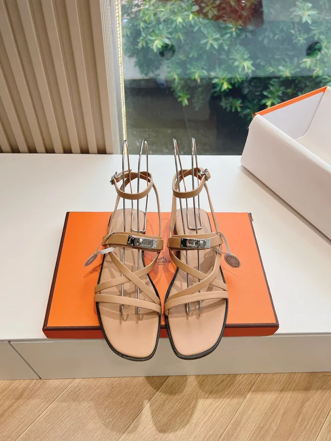 Hermes Women Beige Leather Strappy Sandals