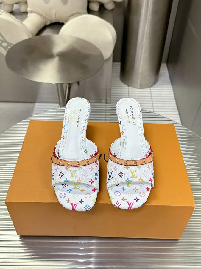 LV Women White Multicolor Leather Heels