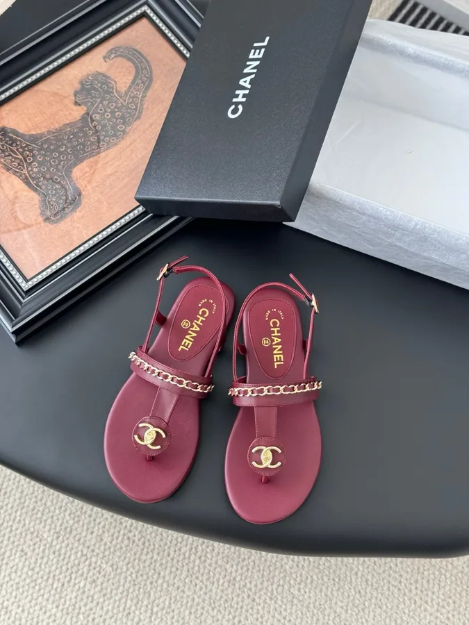 Chanel Women Burgundy Leather Sandals