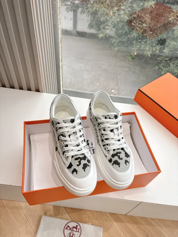 Hermes Women White Canvas Leopard Print Sneakers