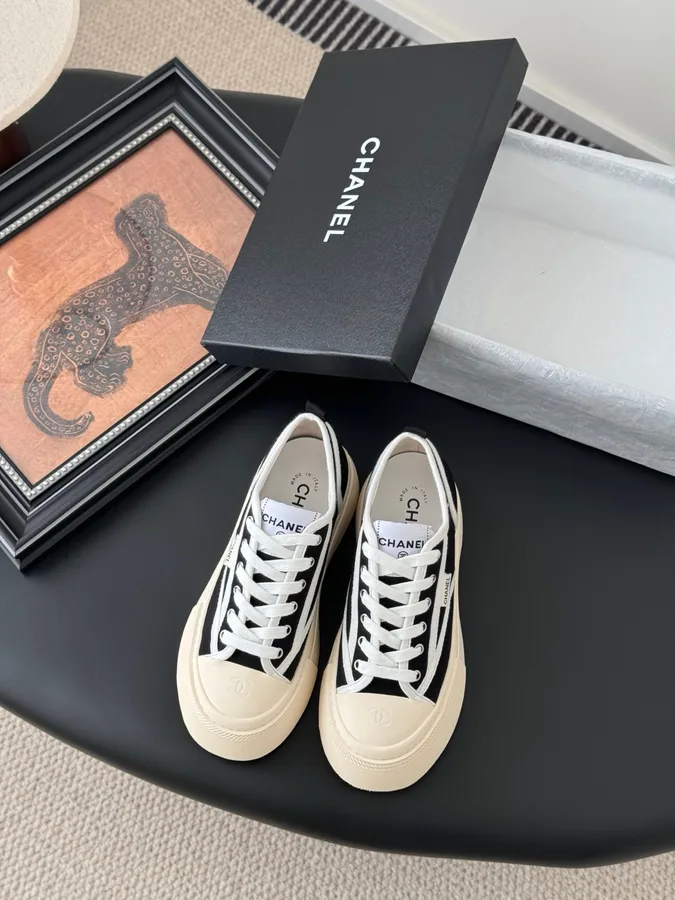 Chanel Women Black Canvas Contrast Rubber Sneakers