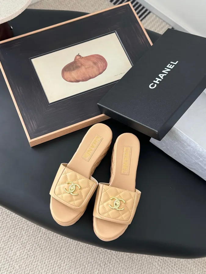Chanel Women Beige Quilted Leather Slides