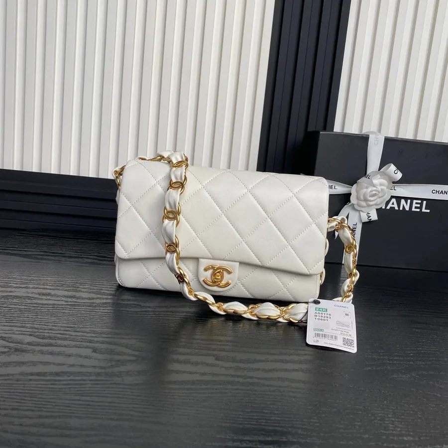 Chanel Medium Flap Bag 26 in White Calfskin Gold Double C Thick Chain
