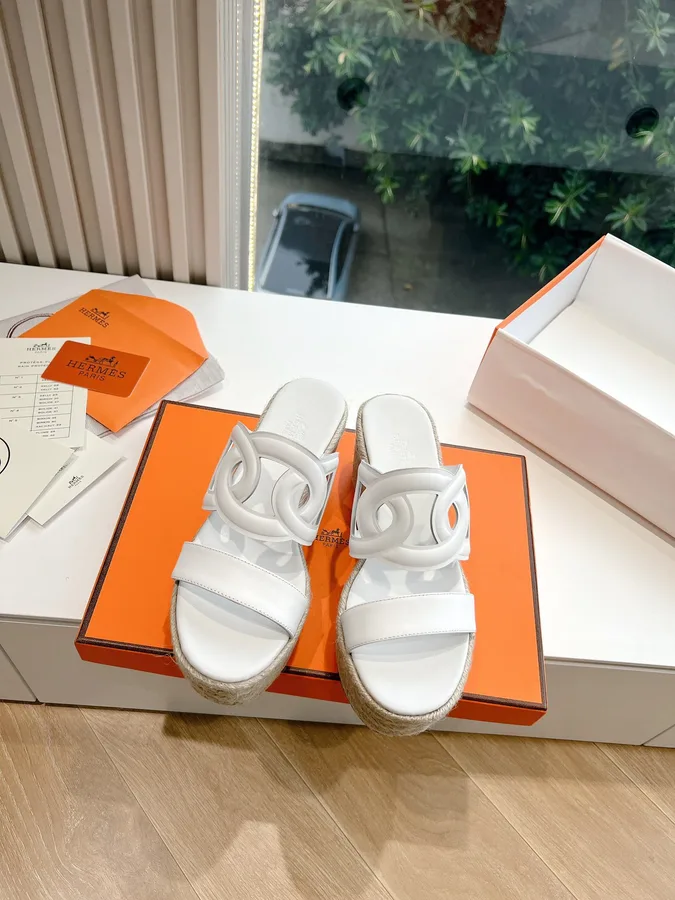 Hermes Women White Leather Espadrille Sandals