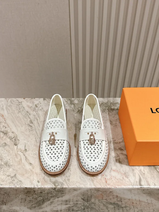 LV Women White Leather Loafers