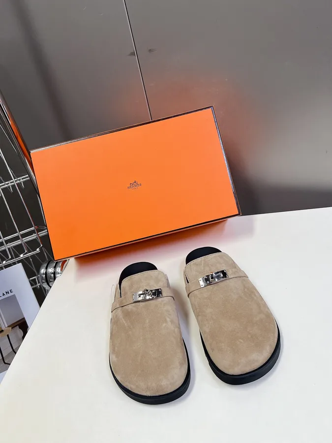 Hermes Women Beige Suede Mules