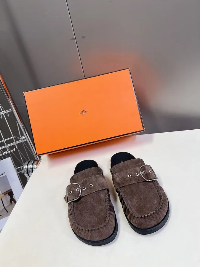Hermes Women Brown Suede Buckle Mules